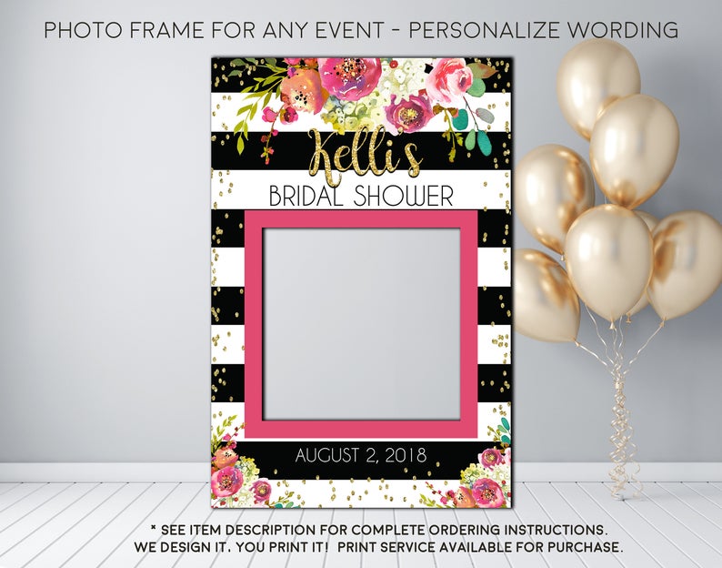 Fall Watercolor Floral Burgundy Black and white stripe Bridal Shower or any event Photo Prop Frame Sign - Digital File (frame- burg13BW)