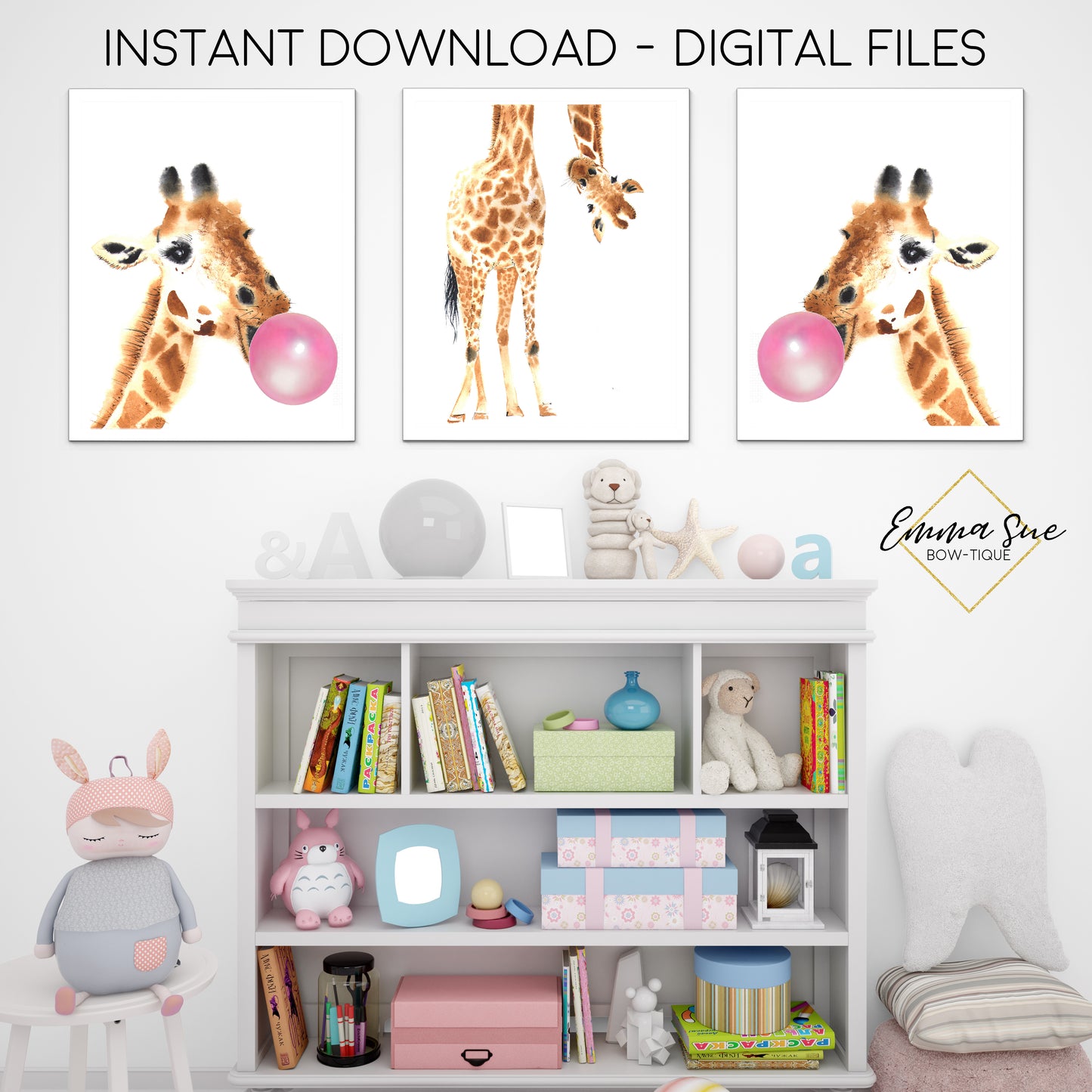 Giraffe with Bubble Gum - Kid's Room Or Baby Nursery Printable Wall Art - Digital File