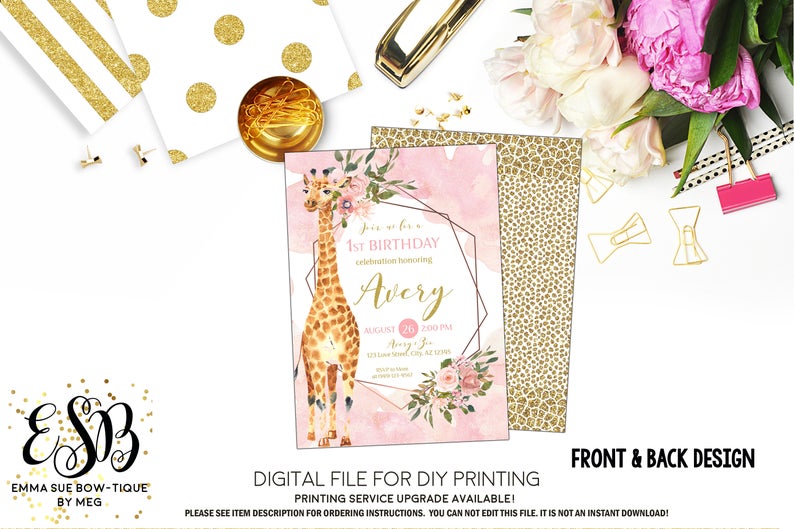 Giraffe Girl's Pink & Gold Safari Birthday Party Invitation Printable - Digital File (Giraffe-flowers)