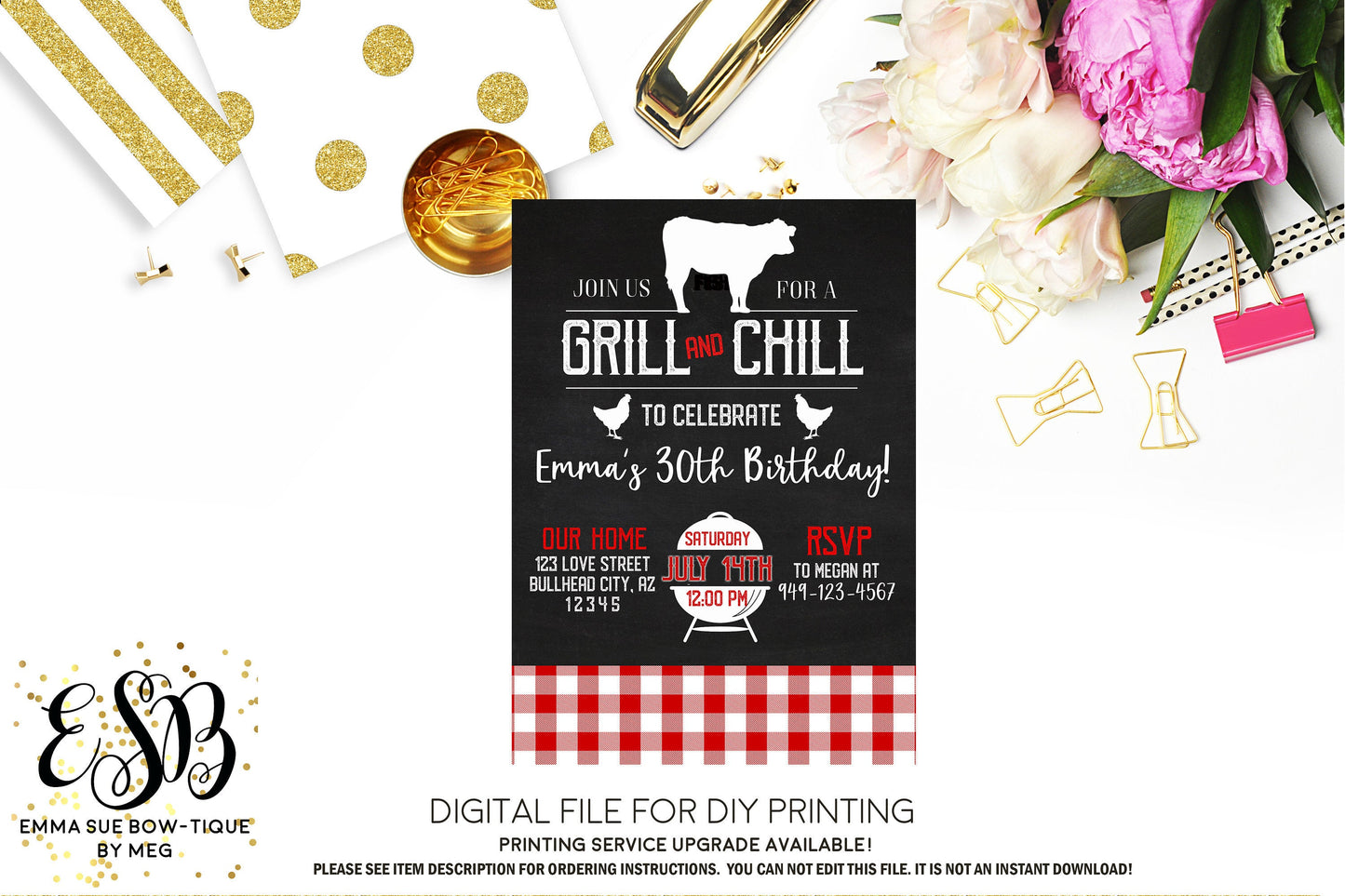 Grill & Chill - BBQ Adult Birthday Party Invitation Printable - Digital File (Grill-Chill)