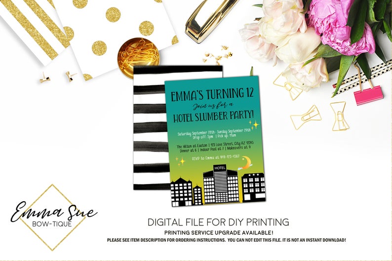 Hotel Party Sleepover Slumber Party Birthday invitation Printable - Digital File (hotel-teal)