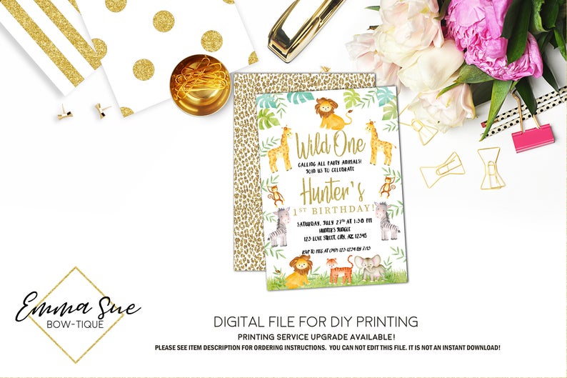 Party Animal- Wild One Jungle Safari Birthday Party invitation Printable - Digital File (Jungle-One)