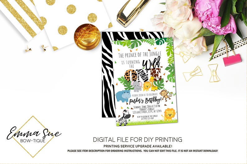 Wild One Jungle Safari 1st Birthday Party invitation Printable - Digital File (Jungle-Safari)