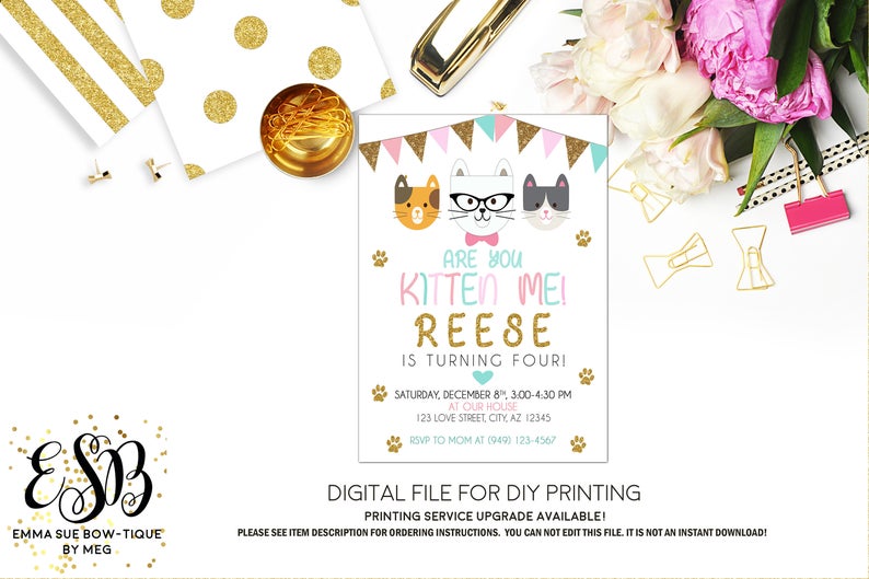 Are you Kitten Me - Girl's Kitten Birthday Party Invitation Printable - Digital File (kitten-pastel)