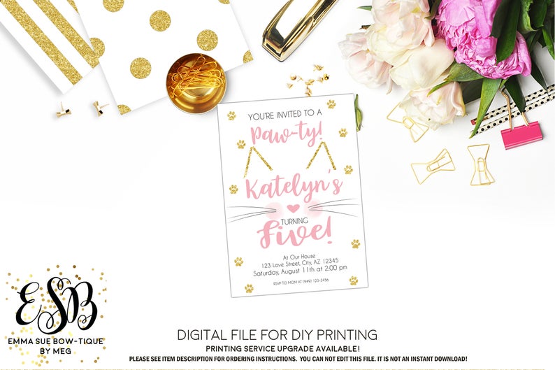 Girl's Kitten Paw-ty Birthday Invitation Printable - Digital File (kitten-face)