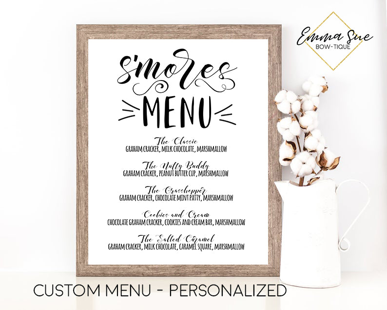 Custom Personalized S'mores Party Menu Printable Sign - Digital File