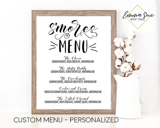 Custom Personalized S'mores Party Menu Printable Sign - Digital File