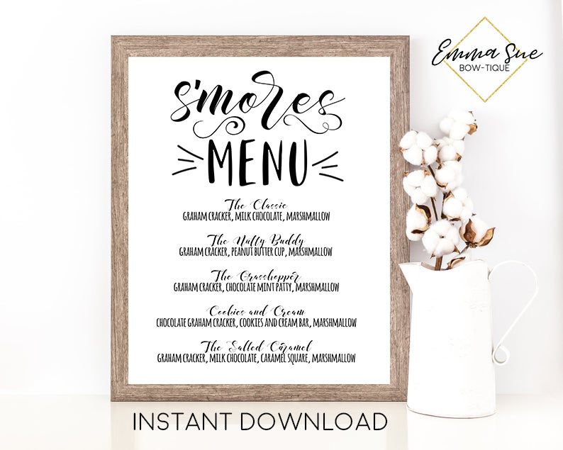 S'mores Party Menu Printable Sign - Digital File - Instant Download