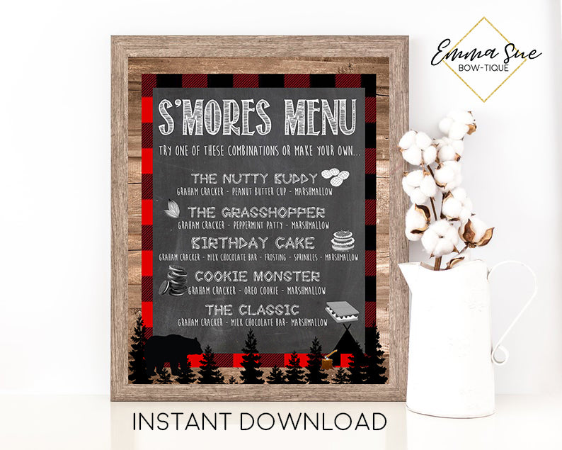 Buffalo Plaid Lumberjack S'more Menu Wood Border Chalkboard Design Pri – Emma Sue Bow-tique buffalo-plaid-lumberjack-s-more-menu-wood-border-chalkboard-design-pri-emma-sue-bow-tique