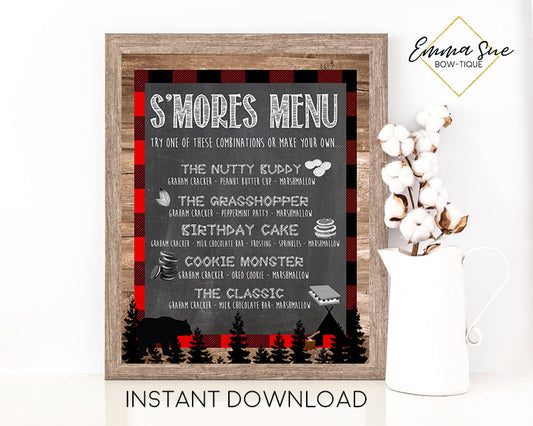 Buffalo Plaid Lumberjack S'more Menu Wood Border Chalkboard Design Printable Sign - Digital File - Instant Download