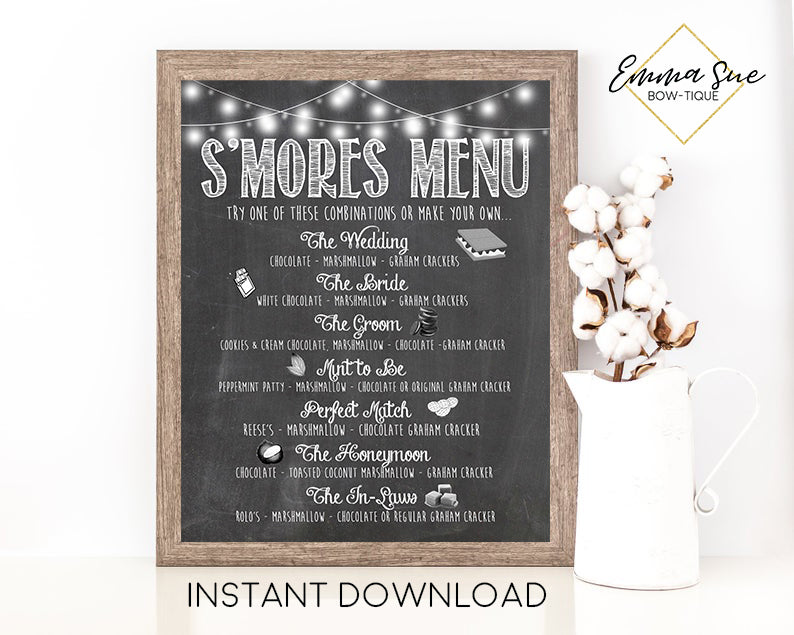 Wedding S'more Menu Chalkboard Design Printable Sign - Digital File - Instant Download