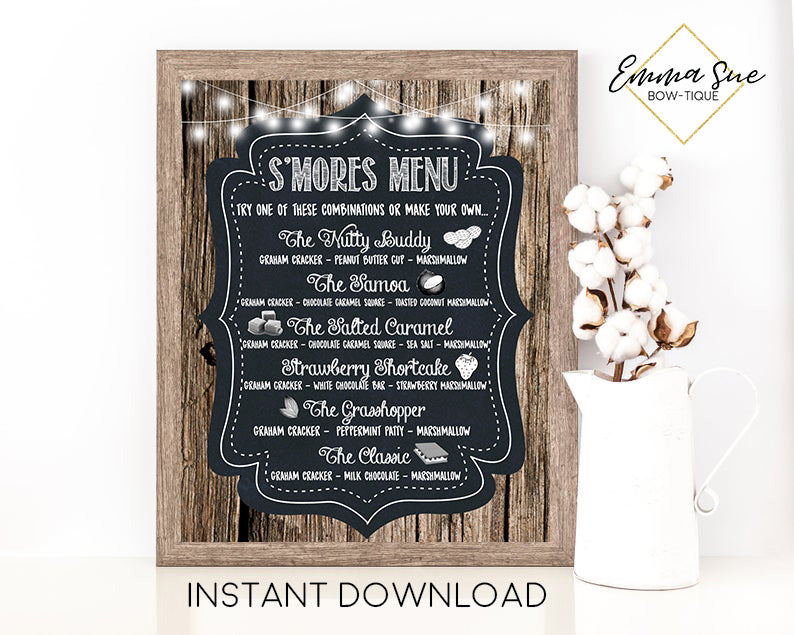 S'more Menu Wood Border Chalkboard Design Printable Sign - Digital File - Instant Download