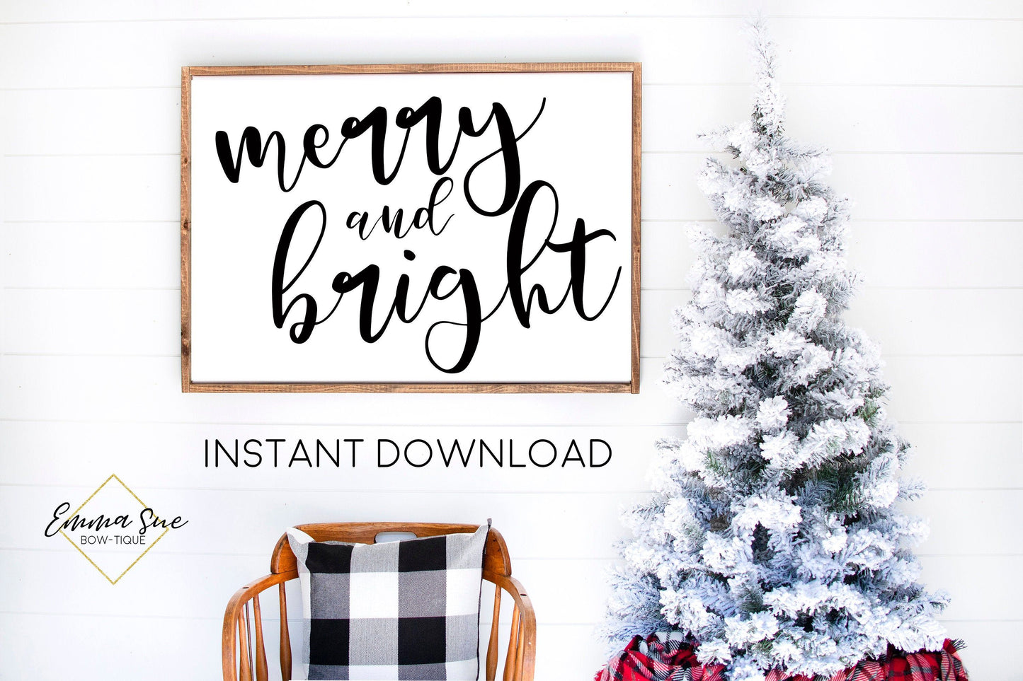 Merry & Bright - Black and White Christmas Decor Printable Sign Farmhouse Style - Digital File