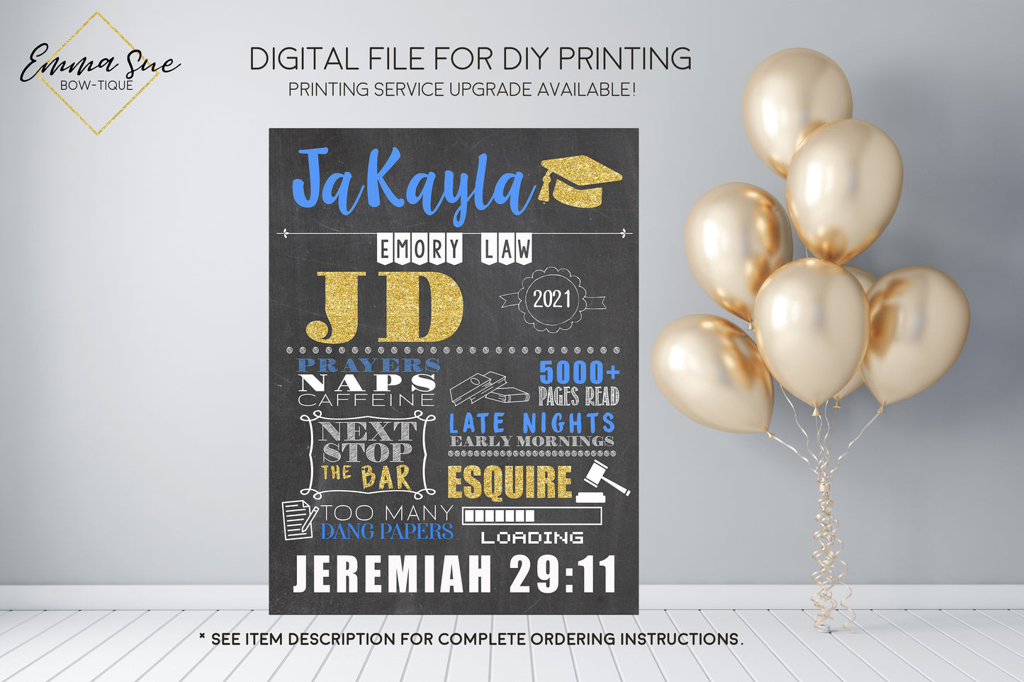 Custom Graduation Personalized Chalkboard Sign Photo Prop - Any Degree DIGITAL FILE (Chalk-Law School)