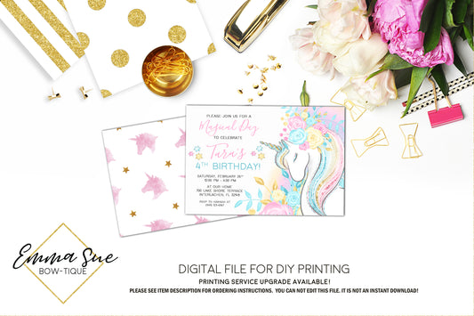 Unicorn Watercolor Pastel Floral Girl's Birthday invitation Printable - Digital File  (unicorn-waterface)