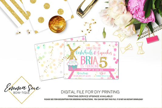 Cartwheels & Cupcakes Tumbling Gymnastics Girl's Birthday Invitation - Digital File Printable (CUPCAKE-CARTWHEEL)