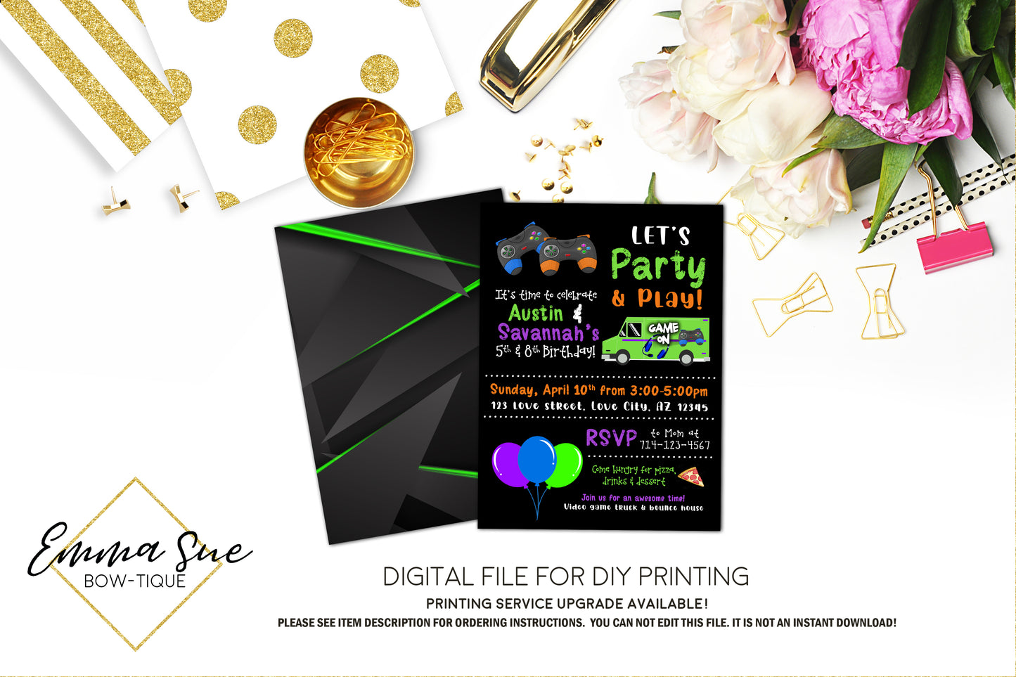Gamer Video Game Truck Birthday Invitation - Digital File Printable (Video-GamerTruck)
