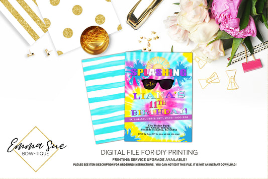 Tie Dye Splash Pool Party Waterpark Birthday invitation Printable - Digital File (TieDye-Bday)