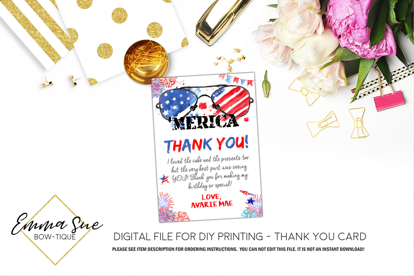 Thank You Card - 'Merica Patriotic Red White and Blue Printable - Digital File  (Rwb-MericaTHX)