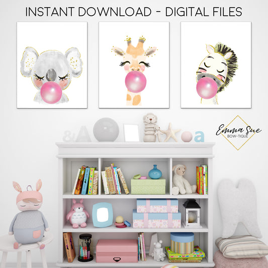 Watercolor Zoo Animals with Bubble Gum Giraffe Zebra Koala Bear - Kid's Room Or Baby Nursery Printable Wall Art  - Digital File