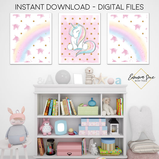 Watercolor Pastel Unicorn & Rainbow Set - Kid's Room Or Baby Nursery Printable Wall Art  - Digital File