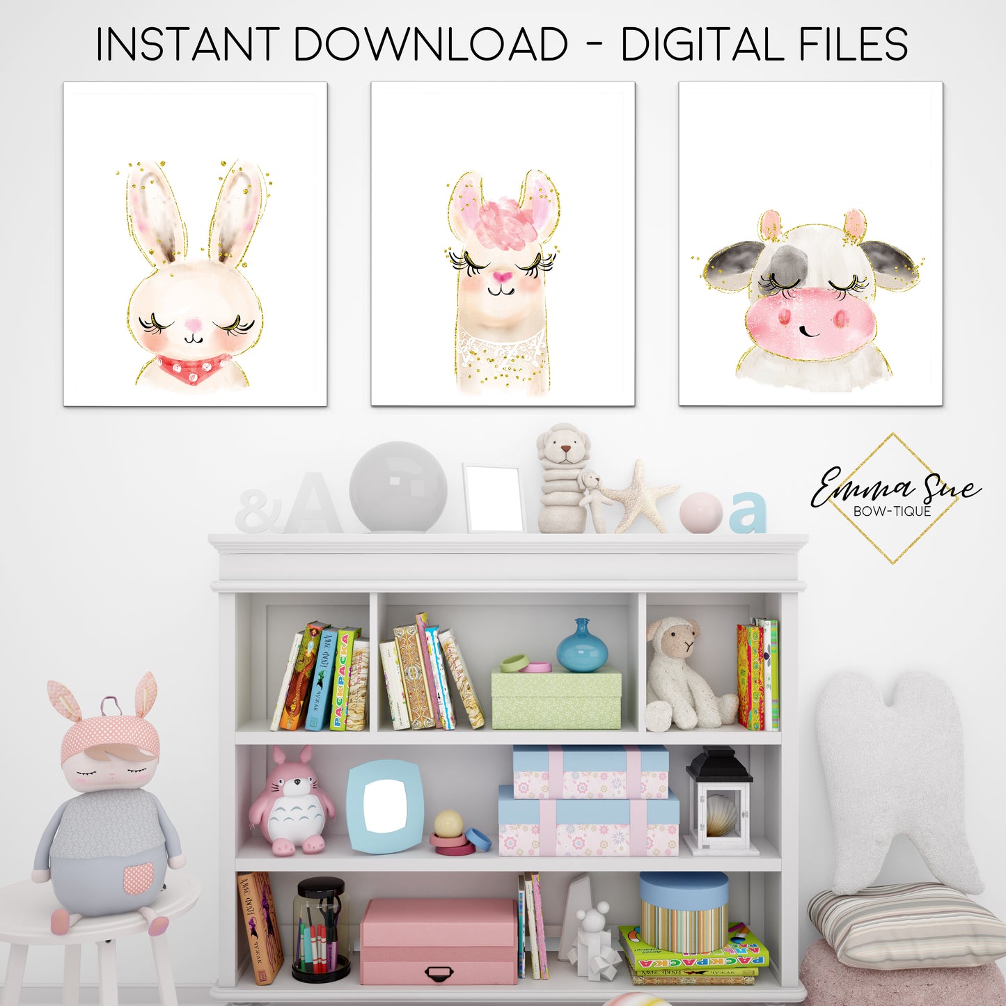 Watercolor Farm Animals Llama Bunny Cow - Kid's Room Or Baby Nursery Printable Wall Art - Digital File