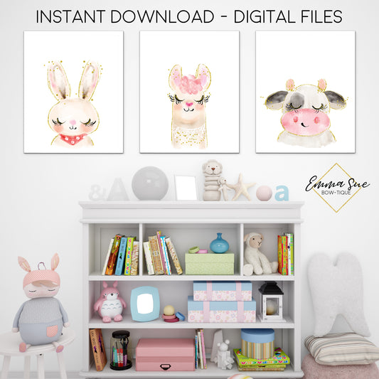 Watercolor Farm Animals Llama Bunny Cow - Kid's Room Or Baby Nursery Printable Wall Art  - Digital File