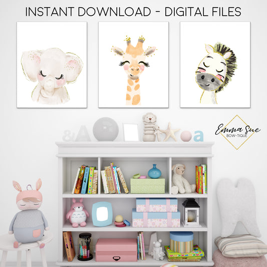 Watercolor Zoo Animals Giraffe Zebra Elephant - Kid's Room Or Baby Nursery Printable Wall Art  - Digital File