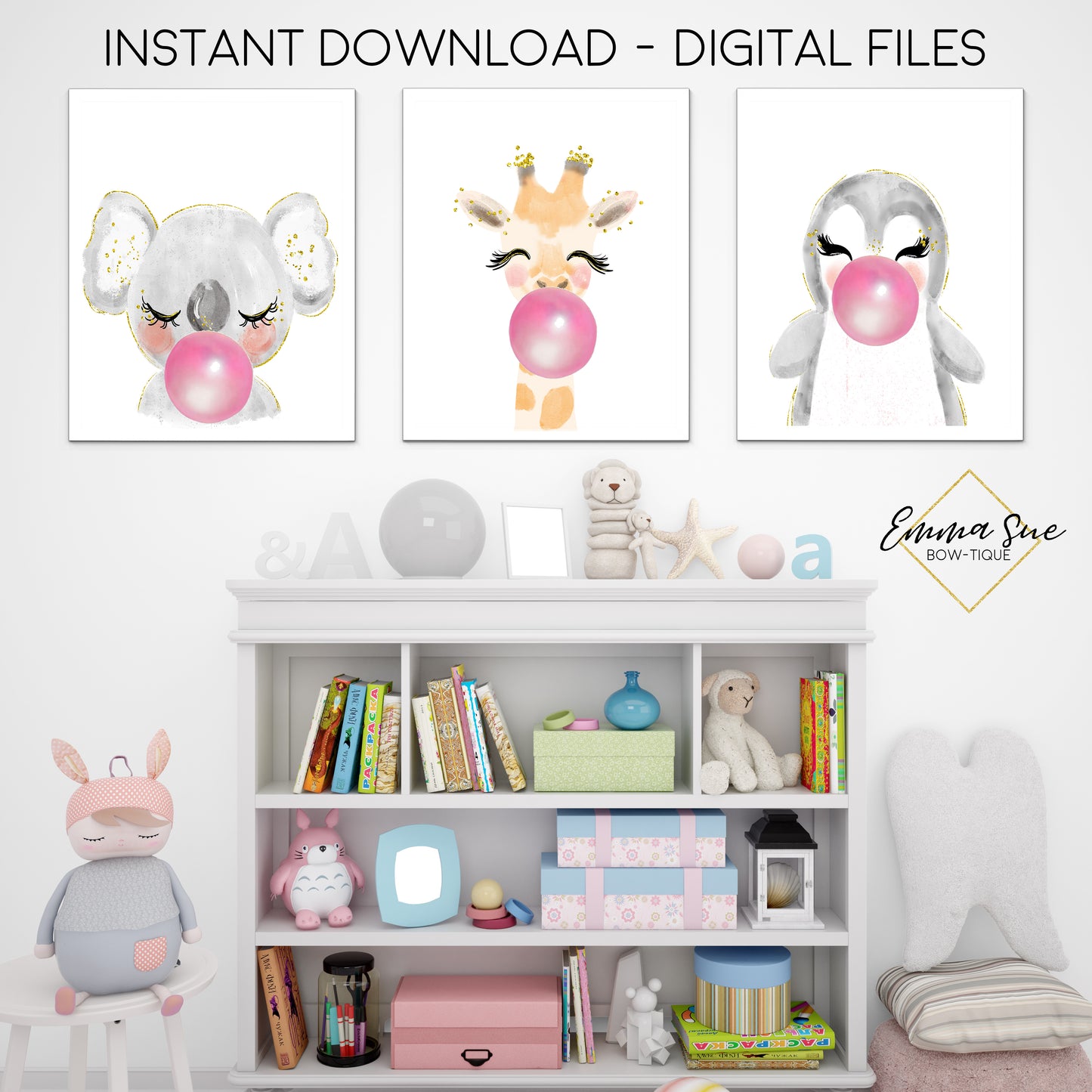 Watercolor Zoo Animals with Bubble Gum Giraffe Penguin Koala Bear - Kid's Room Or Baby Nursery Printable Wall Art - Digital File