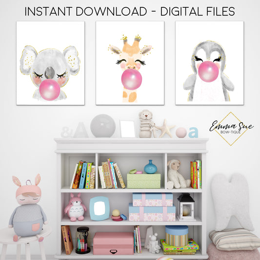 Watercolor Zoo Animals with Bubble Gum Giraffe Penguin Koala Bear - Kid's Room Or Baby Nursery Printable Wall Art  - Digital File