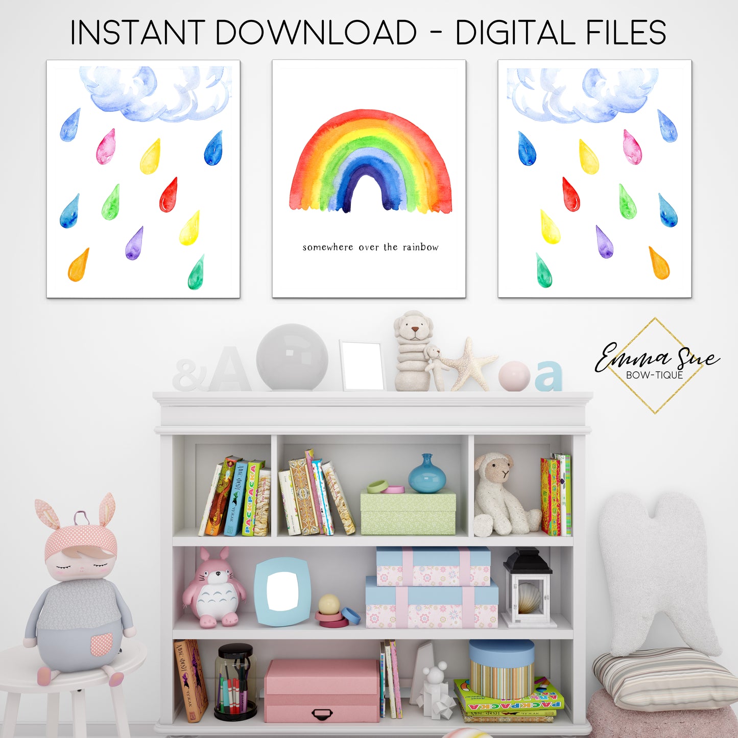 Watercolor Somewhere Over the Rainbow Primary Colors - Nursery Kid's Room or Playroom Printable Wall Art - Digital File