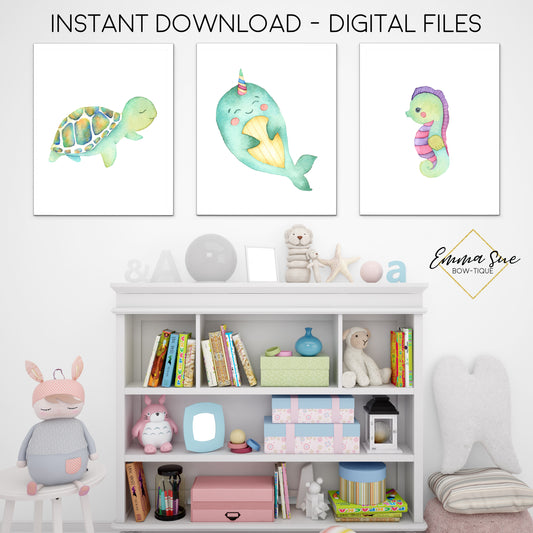 Watercolor Sea Life Turtle Narwhal Seahorse - Kid's Room Or Baby Nursery Printable Wall Art  - Digital File