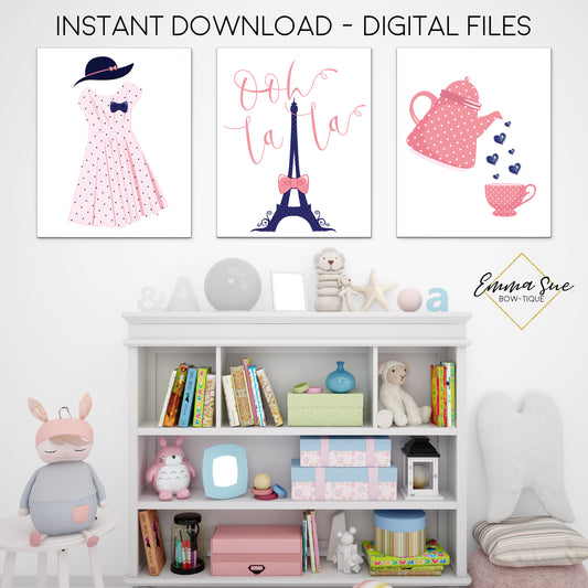 Ooh La La Paris Eiffel Tower, Tea Dress & Hat - Pink & Navy Blue - Kid's Room Or Baby Nursery Printable Wall Art - Digital File