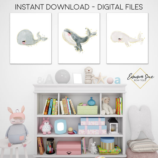 Watercolor Sea Life Nautical Whales - Kid's Room Or Baby Nursery Printable Wall Art  - Digital File