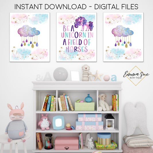 Be a Unicorn in a field of Horses - Watercolor Unicorn Art Set - Kid's Room Or Baby Nursery Printable Wall Art  - Digital File