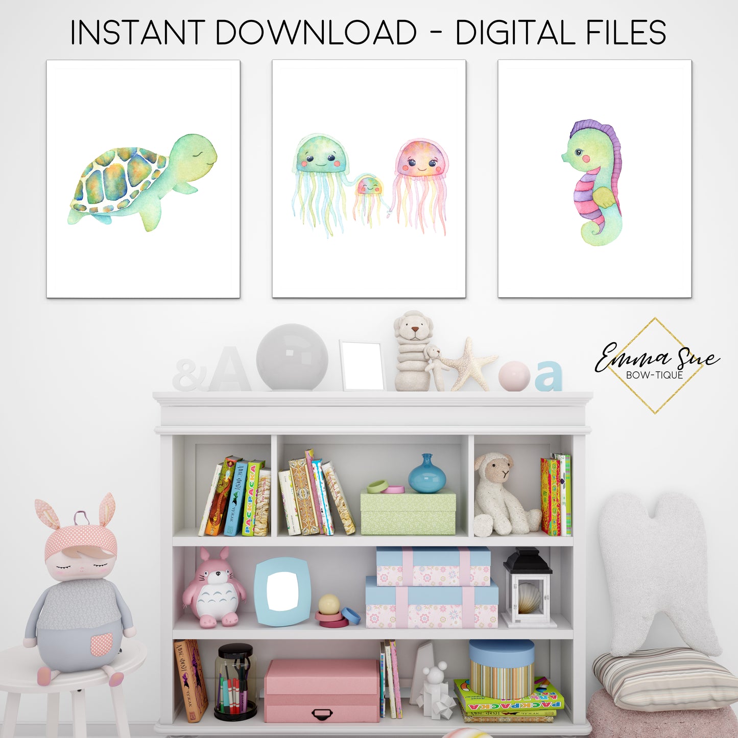 Watercolor Sea Life Turtle Jelly Fish Seahorse - Kid's Room Or Baby Nursery Printable Wall Art - Digital File