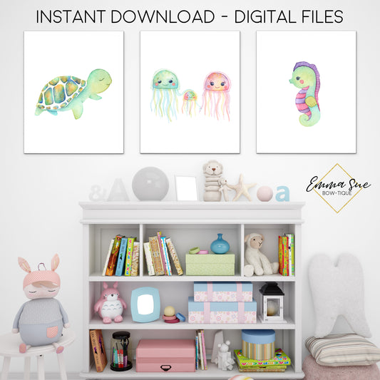 Watercolor Sea Life Turtle Jelly Fish Seahorse - Kid's Room Or Baby Nursery Printable Wall Art  - Digital File