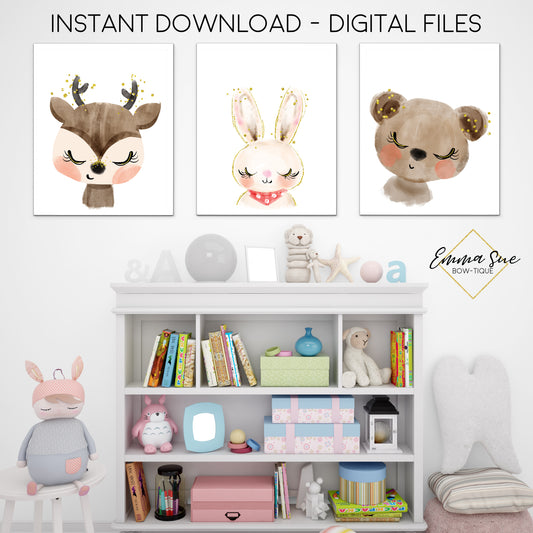 Watercolor Woodland Forest Animals Deer Bunny Bear - Kid's Room Or Baby Nursery Printable Wall Art  - Digital File