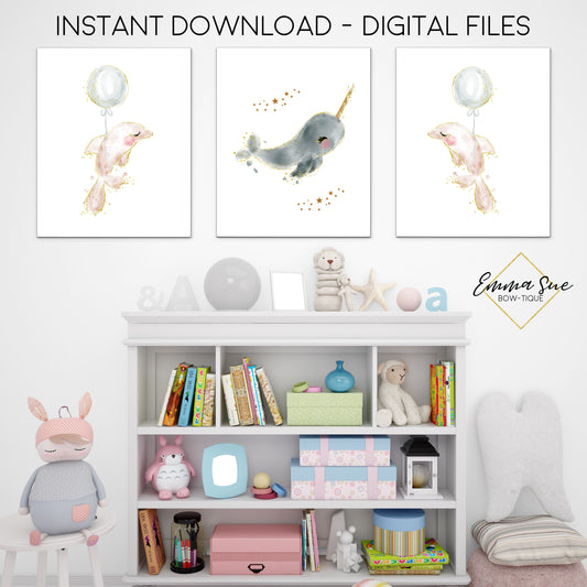 Watercolor Sea Life Dolphin Narwhal Whale - Kid's Room Or Baby Nursery Printable Wall Art  - Digital File