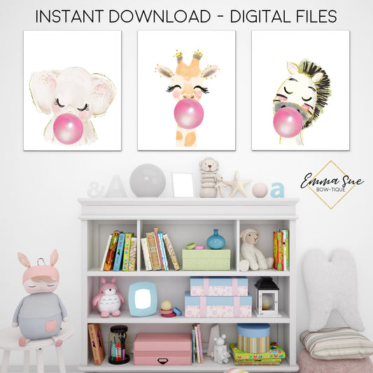 Watercolor Zoo Animals with Bubble Gum Giraffe Zebra Elephant - Kid's Room Or Baby Nursery Printable Wall Art  - Digital File