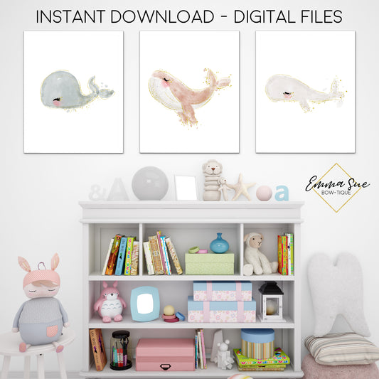 Watercolor Sea Life Nautical Whales - Kid's Room Or Baby Nursery Printable Wall Art  - Digital File