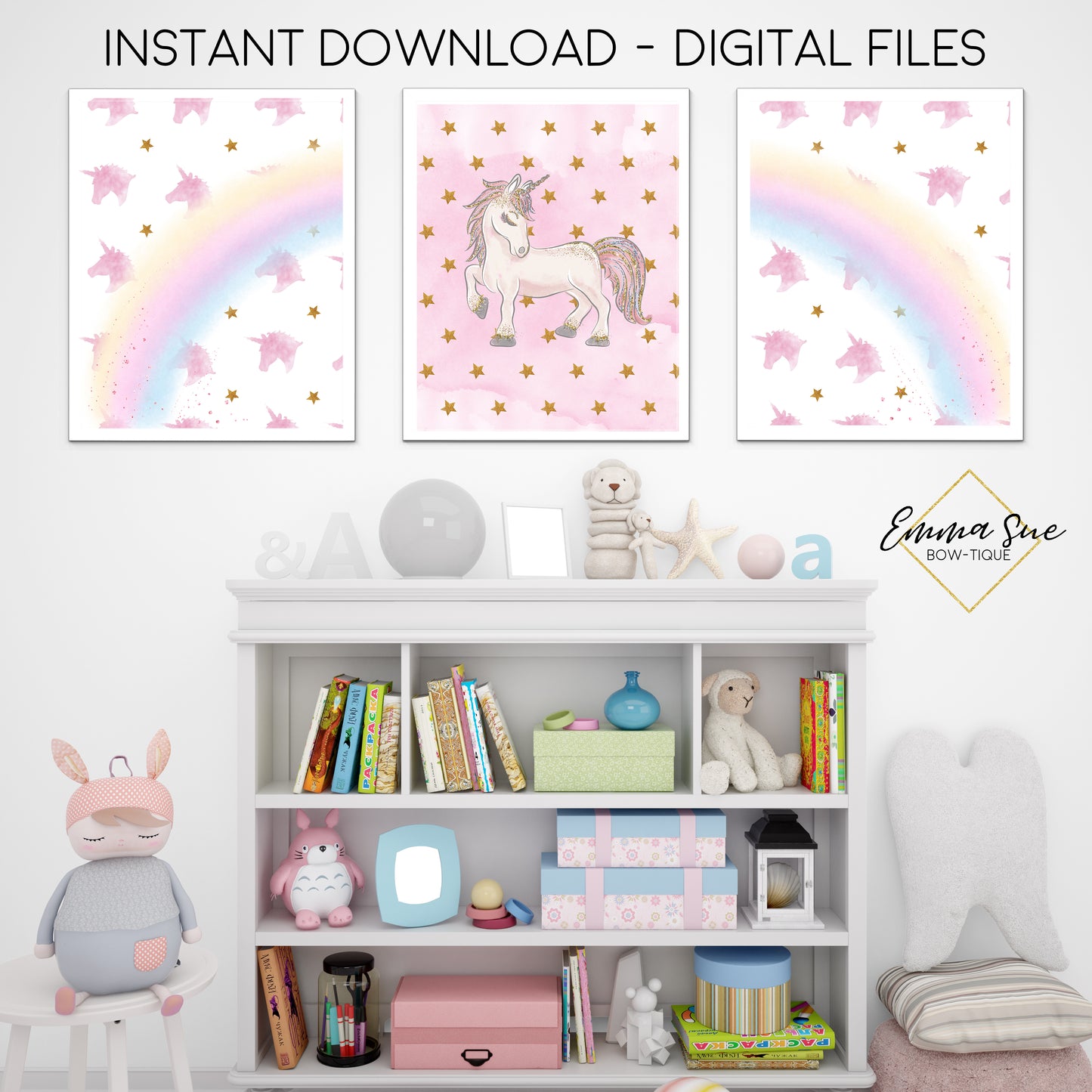 Watercolor Pastel Unicorn & Rainbow Set - Kid's Room Or Baby Nursery Printable Wall Art - Digital File