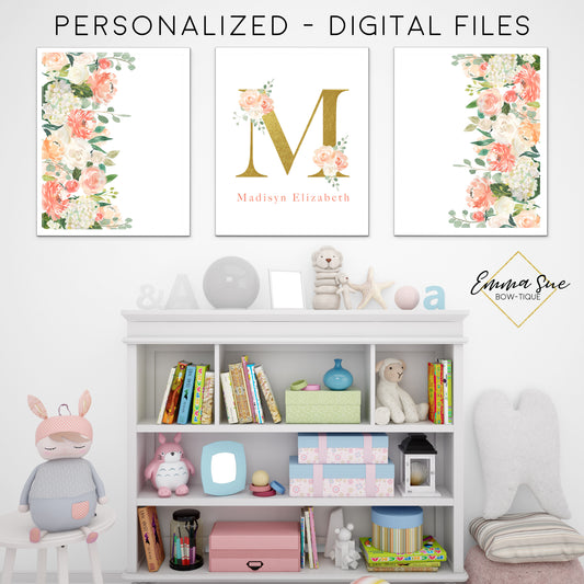 Peach Blush & Gold Watercolor Floral Personalized Baby Name & Initial Sign - Kid's Room Or Nursery Printable Wall Art - Digital File (Name-Peach)