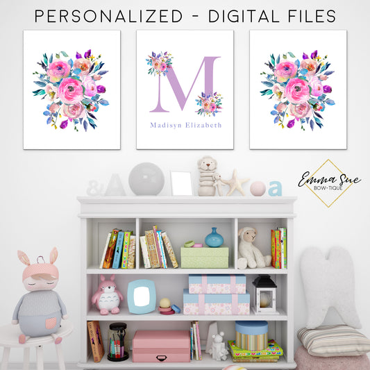 Pink & Purple Watercolor Floral Personalized Baby Name & Initial Sign - Kid's Room Or Nursery Printable Wall Art - Digital File (Name-floral2)