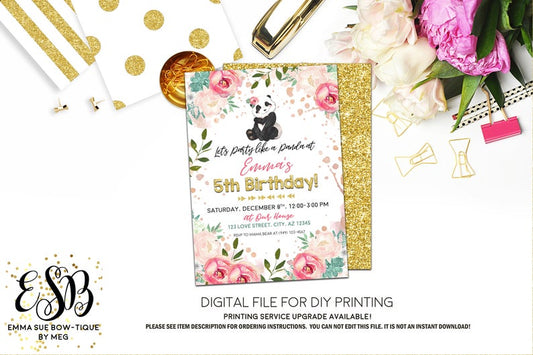 Let's Party like a Panda - Girl's Watercolor Floral Birthday Party Invitation Printable - Digital File (Panda-boho)