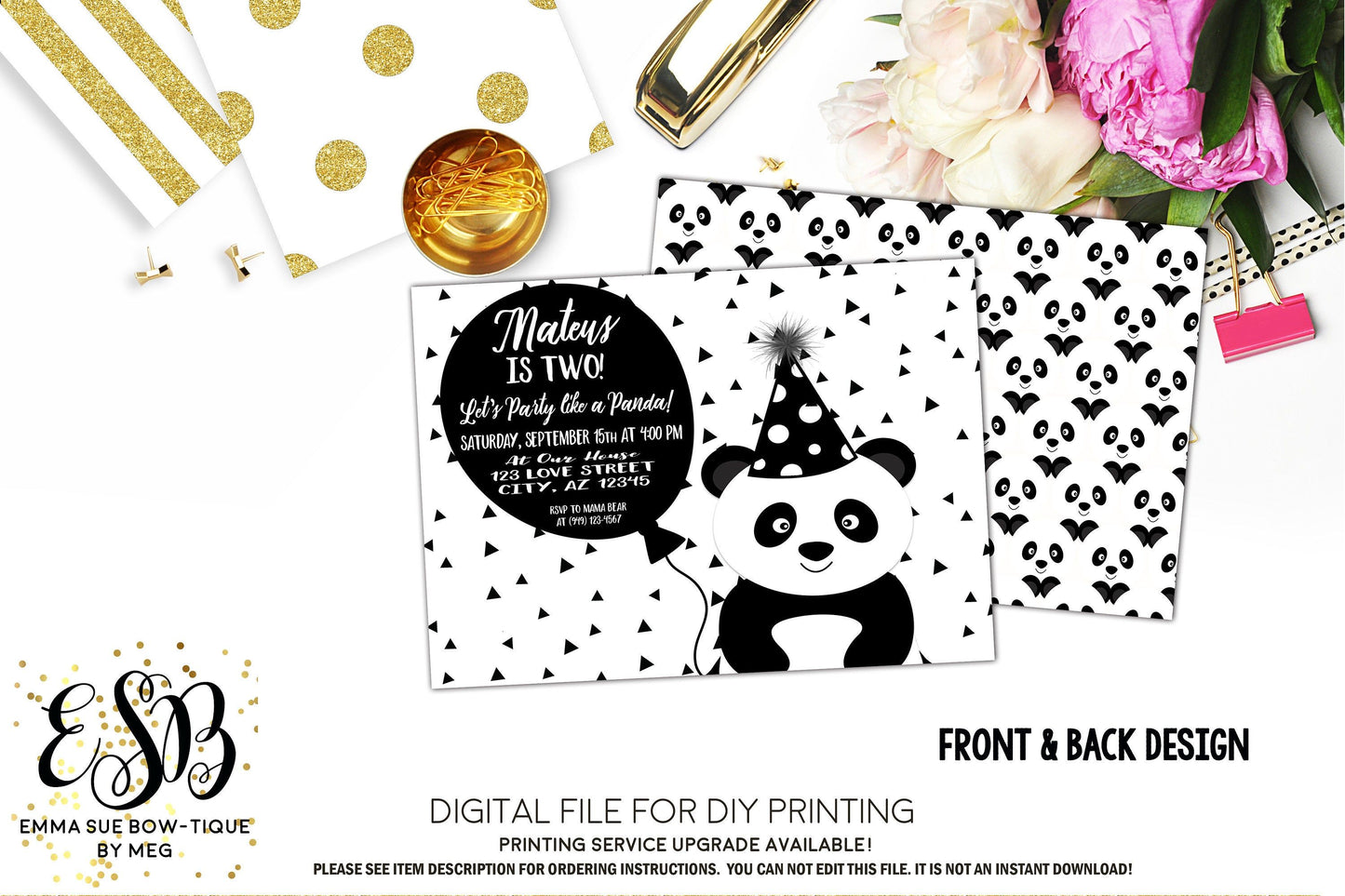 Panda with Balloon Birthday Party Invitation Printable - Digital File (Panda-balloon)