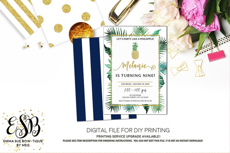 Pineapple Tropical Leaf & stripes - Birthday Party Invitation Printable - Digital File (Pineapple-Luxe)