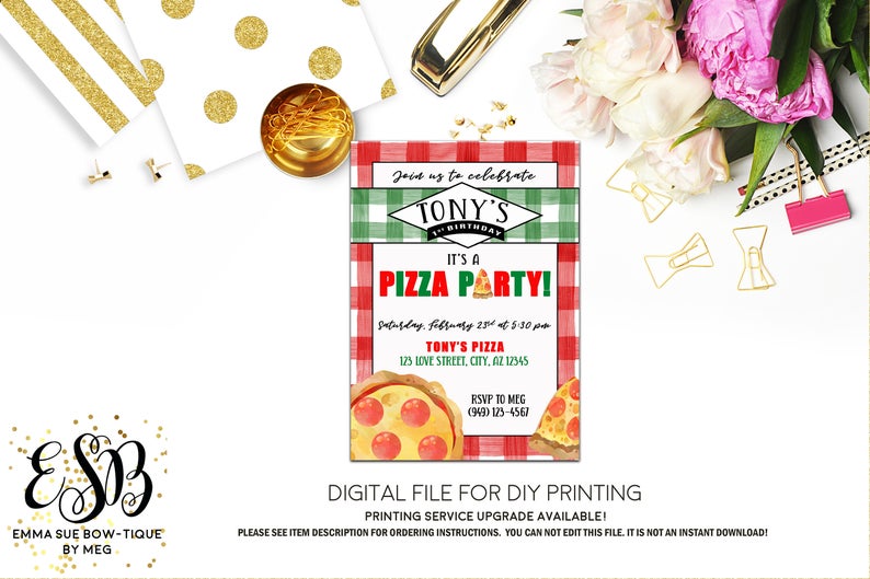 Pizza Party - Italian theme Birthday Party Invitation Printable - Digital File (Pizza-watercolor)