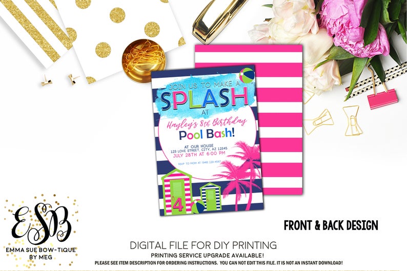 Splash Pool Party - Cabana Beach surfer girl theme Girls Birthday invitation Printable - Digital File  (pool-cabana)