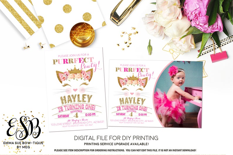 Purrfect Party - Princess Kitten Party Birthday Invitation Printable - Digital File (Princess-Kitten)